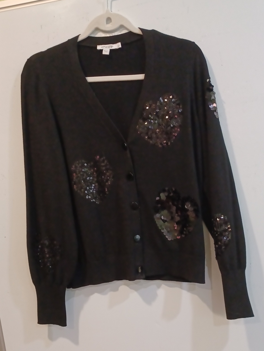 Chico's Sz 1 Black Sequin Heart Cardigan